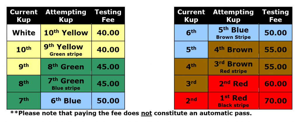 London martial arts Hapkido testing fees